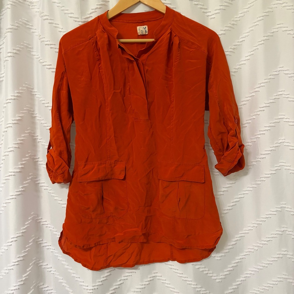 Edme & Esyllte Anthropologie Burnt Orange 100% Silk Roll Tab Tunic Top XS